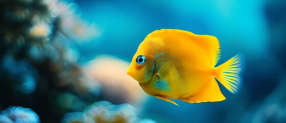  A tight shot of a yellow fish against a backdrop of deep blue ocean water Coral lies near, filling the foreground