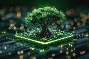Tree Growing On Microchip Symbolizing Integration Of Nature And Technology With Glowing Circuits