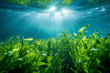 Fototapeta premium Underwater Scene With Sunlight and Vibrant Green Seaweed