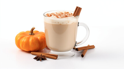 Pumpkin spice latte in a glass mug with cinnamon with Autumn decoration