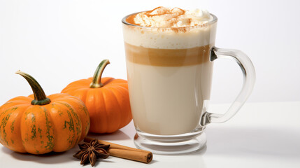 Pumpkin spice latte in a glass mug with cinnamon with Autumn decoration