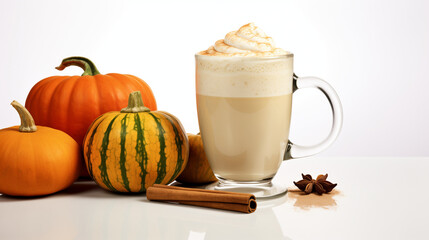 Pumpkin spice latte in a glass mug with cinnamon with Autumn decoration