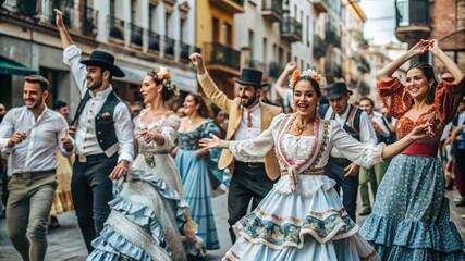 M&aacute;laga Feria Festival, the streets are filled with people wearing traditional clothes and dancing happily,
