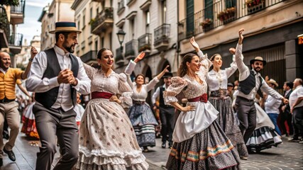 M&aacute;laga Feria Festival, the streets are filled with people wearing traditional clothes and dancing happily,
