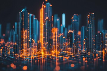 Obraz premium A futuristic city with glowing skyscrapers made of data represents the concept of digital marketing