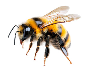 High-resolution close-up of a bee with detailed textures on its wings and body, highlighting nature's intricate design and the importance of pollinators.