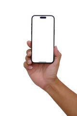 Hand holding the black smartphone iphone with blank screen and modern frameless design in two rotated perspective positions - isolated on white background - Clipping Path	
