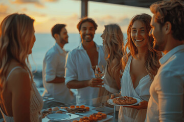 Young Adults Enjoying Rooftop Gathering At Sunset With Food And Drinks