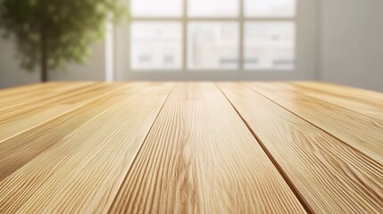 Wooden Tabletop with Window View: Warm, inviting, and ready for your product display