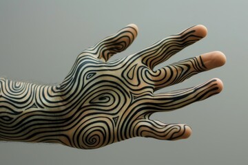 A monochrome photograph featuring a hand with a distinctive pattern, highlighting the interplay of light and shadow, A hand with intricate, swirling lines, AI generated
