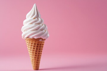 Soft serve ice cream cone on pink. Perfect for showcasing summer treats, desserts, and refreshments.