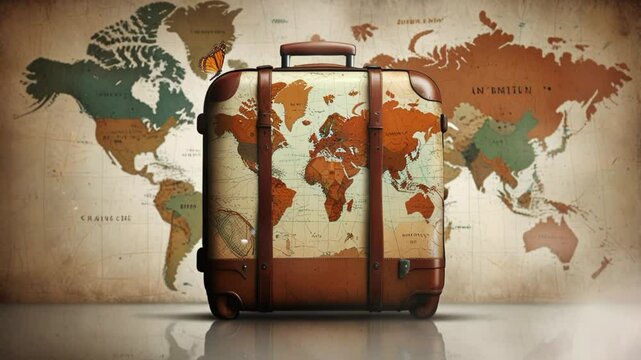 a suitcase with a map painted on it. Seamless looping 4k video animation
