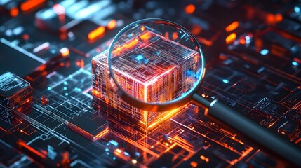 Futuristic Digital Circuit Board with Glowing Geometric Sphere in the Center