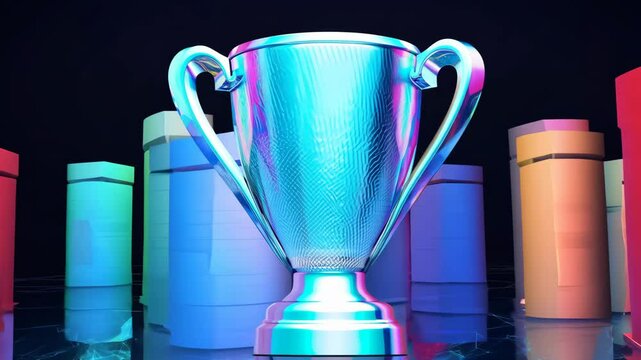 Exciting award ceremony highlights with a shimmering trophy and colorful podiums at the annual competition event in downtown