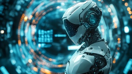 Futuristic Robot Cyborg with Hi Tech Digital Interface in Sci Fi Techno Environment