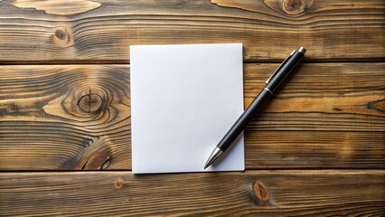 Fototapeta premium A blank white note lies on a rustic wooden desk, accompanied by a sleek black pen, waiting to capture creative ideas and inspiration.