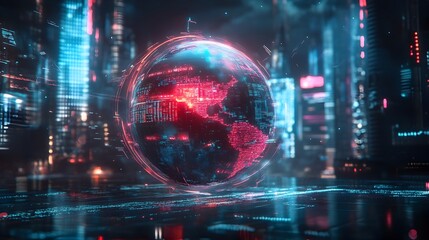 Obraz premium Glowing Futuristic Cityscape with Illuminated Holographic Globe Depicting Global Connectivity and Technology Innovation