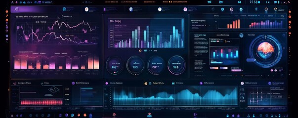 Futuristic digital dashboard with data visualizations, charts, graphs, and brain scan.