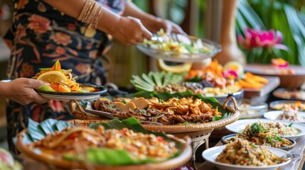 Fototapeta premium A Buffet Table Displaying Various Asian Dishes with a Person Serving