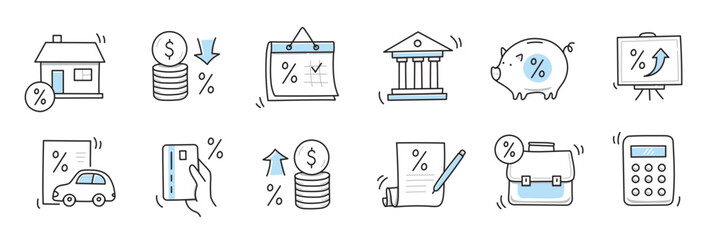 Loan interest rate doodle icon set. Hand drawn sketch doodle line style bank money loan interest rate icon for house, car discount percentage concept. Trendy cute element. Vector illustration