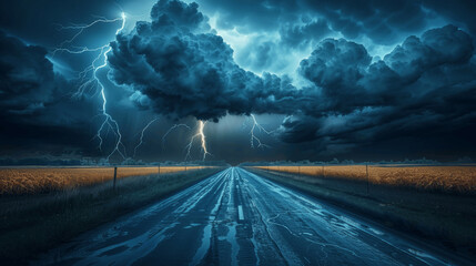 Stormy Road With Lightning And Dark Clouds Over Fields