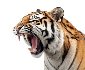 Obraz premium A fierce tiger roars with its mouth wide open, showcasing sharp teeth and captivating eyes. Wild, majestic, and powerful in nature.