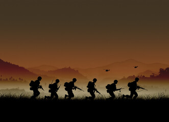 Silhouette of soldiers marching through a misty jungle at dawn during the Vietnam War, with helicopters flying overhead and distant mountains under an orange and brown gradient sky