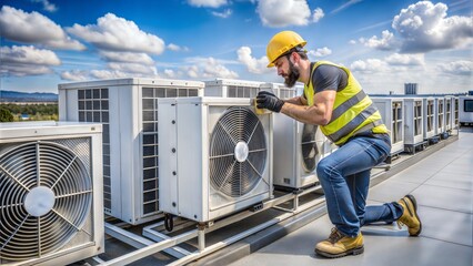 Male air conditioning engineer installation of several unit air conditioners on a rooftop