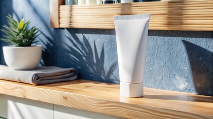 Mock up of toothpaste in a plain white tube on a bathroom shelf, minimalist bathroom background