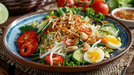 A Close-Up of a Fresh and Colorful Salad with Boiled Eggs, Cashews, and a Spicy Dressing