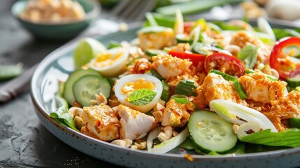 Close-up of a Chicken Salad with Cucumbers, Eggs, and Cashews
