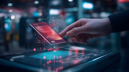 Futuristic digital interface with holograms and data visualizations on a virtual screen