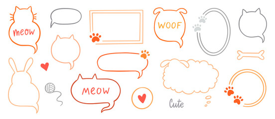 Cat dog pet frame, speech bubble cute set. Hand drawn sketch doodle line style animal pet frame design. Cat, dog paw cute talk speech bubble design. Puppy round footprint badge. Vector illustration. © Polina Tomtosova