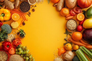 Colorful vegetable and fruit frame design with holiday and nature elements