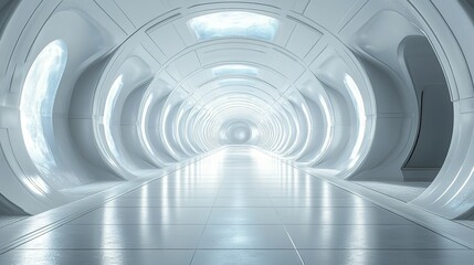 Futuristic White Tunnel with Circular Windows and a Bright End