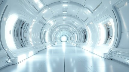 Futuristic White Tunnel Corridor with Bright Light at the End