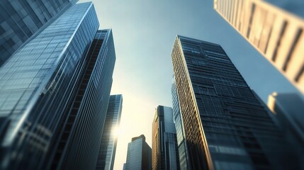 Skyward Ambition: A low-angle perspective captures the towering skyscrapers of a modern metropolis, reaching for the sun-drenched sky