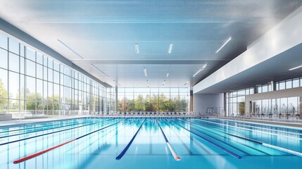 Indoor swimming pool with large windows. Great for articles about sports, health, and recreation.