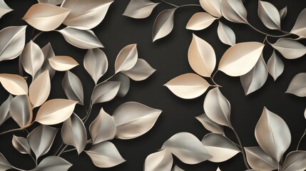 A seamless pattern of black and gray leaves on a cream background