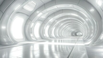 White Futuristic Tunnel with Reflective Floor and Ceiling