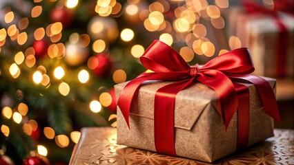 A beautifully wrapped gift box with a red ribbon sits in front of a Christmas tree with twinkling lights.