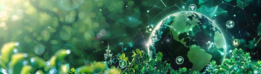 Naklejka premium Conceptual Green Logistics Globe with Renewable Energy Symbols for Sustainable Global Connectivity