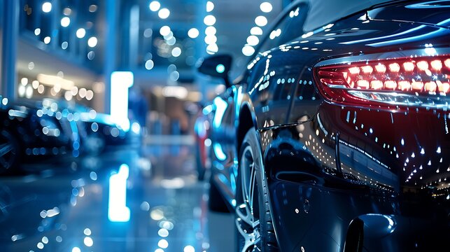 Elegant luxury vehicles on display in a high end setting with bright contemporary lights