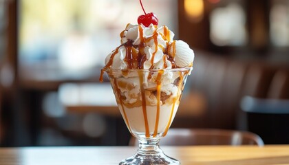 A delicious sundae with whipped cream, caramel sauce and a cherry on top.