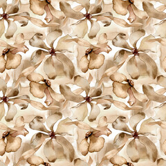 Sand colors flowers hand drawn in monochrome watercolor seamless pattern. Floral endless background in light brown. Blossom plants for design textile, packaging in beige. Light brown tone for print