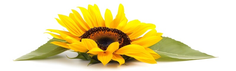Ripe sunflower with yellow petals and dark middle, isolated on white background. 
