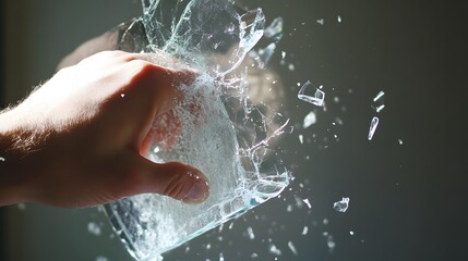 Fototapeta premium Hand Smashing a Mirror: A hand smashing a mirror, with shards of glass scattering. 