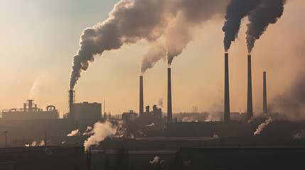 A sprawling industrial area with tall smokestacks releasing thick, black smoke into the atmosphere, contributing to severe air pollution.
