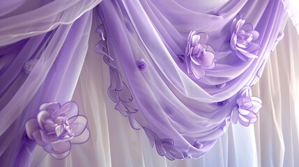 Elegant purple curtains with stitching and delicate organza tulle adorned