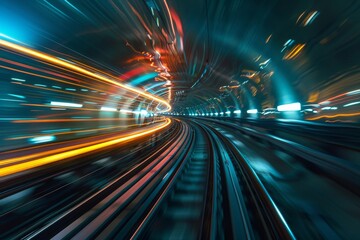 A blurred image captures a train swiftly traveling through a dark tunnel, emphasizing motion and speed, A hyperloop train traveling at incredible speeds through a vast network of tunnels. AI generated